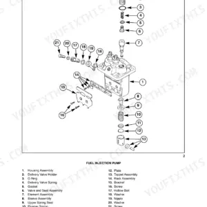 New Holland TC21DA, TC24DA exploded view diagram of the fuel injection pump components and parts list.