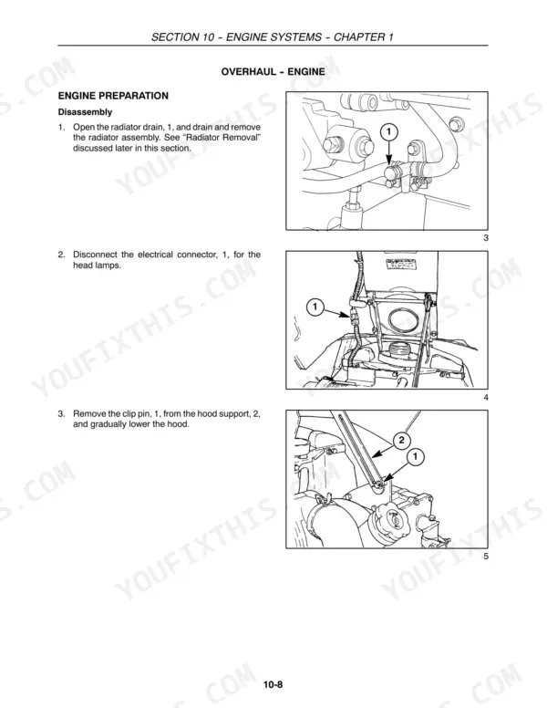 New Holland TC21DA, TC24DA engine overhaul procedures: radiator drain, headlamp connector, and hood support removal.