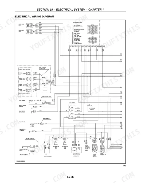 New Holland TC21DA, TC24DA electrical wiring diagram showing instrument panel, fuse block, and lighting circuits.