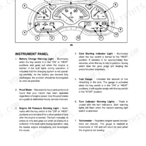 New Holland TC27D instrument panel diagram and indicator light descriptions for gauges, tachometer, and warning lights.