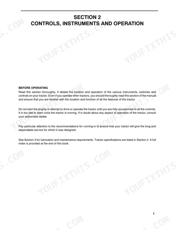 New Holland TC27D operator manual section 2, controls, instruments, and operation introduction page.