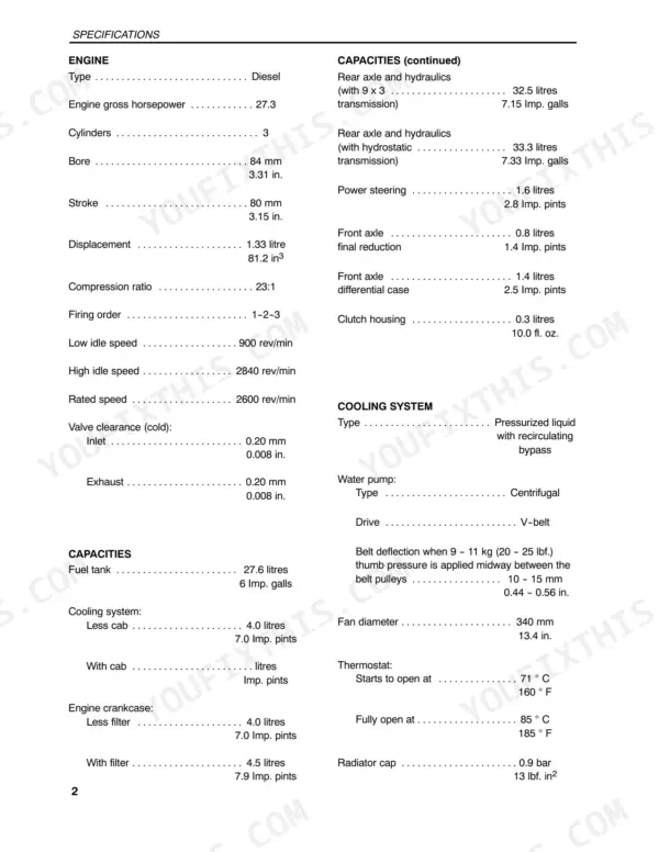 New Holland TC27D engine specifications, fluid capacities, and cooling system data table.