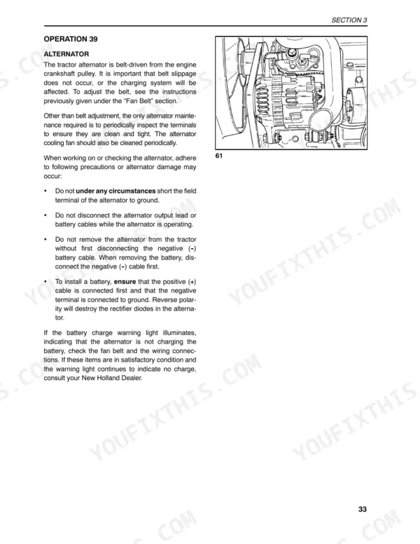New Holland TC27D alternator maintenance procedures and diagram showing belt-driven component installation.