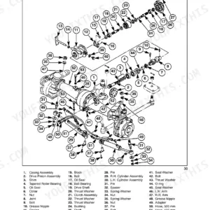 New Holland TC29D, TC33D Super Steer front axle exploded view diagram with numbered component parts list.