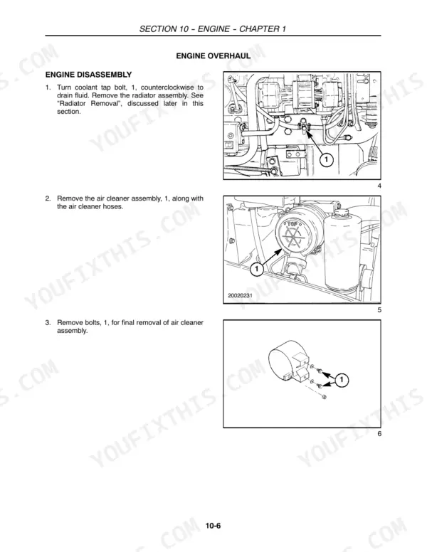 New Holland TC29D, TC33D engine disassembly procedures, coolant drain bolt, and air cleaner assembly removal diagrams.