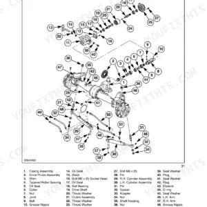 New Holland TC29DA, TC33DA SuperSteer front axle components exploded view diagram and parts list.
