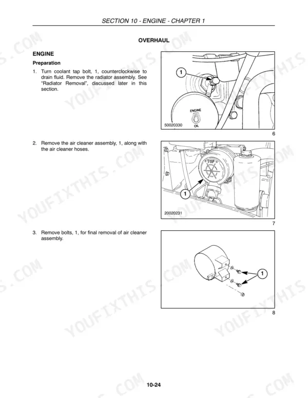 New Holland TC29DA, TC33DA engine overhaul procedure: coolant drain, air cleaner removal, and mounting bolt diagrams.