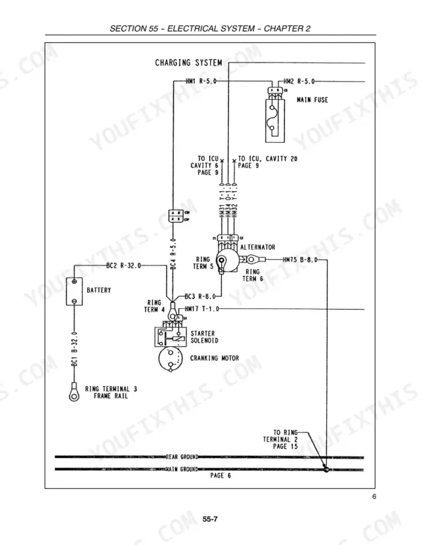 New Holland TC29DA, TC33DA charging system wiring diagram showing battery, starter solenoid, alternator, and main fuse.