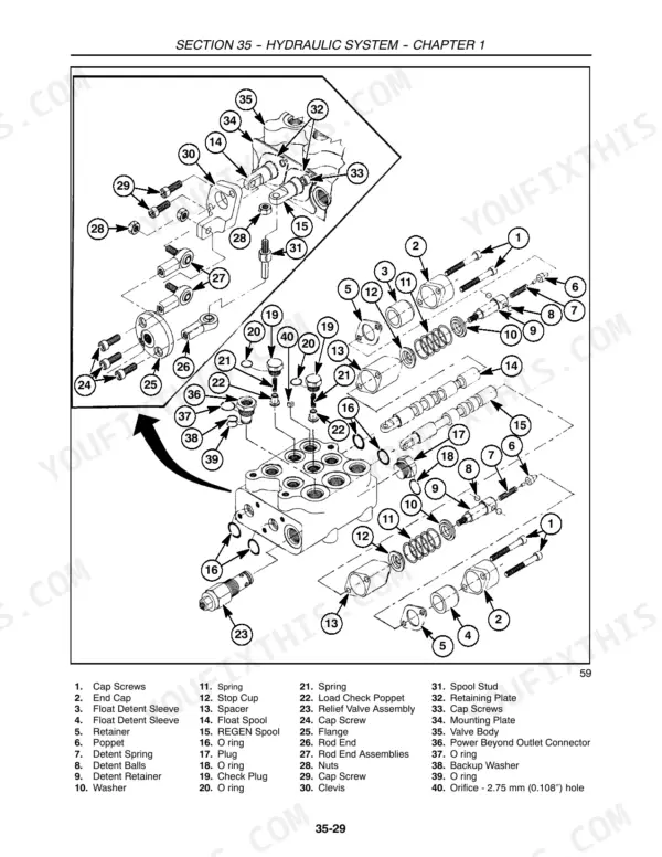 New Holland TC30 hydraulic system exploded view showing valve body, spool, relief valve, and detent components.