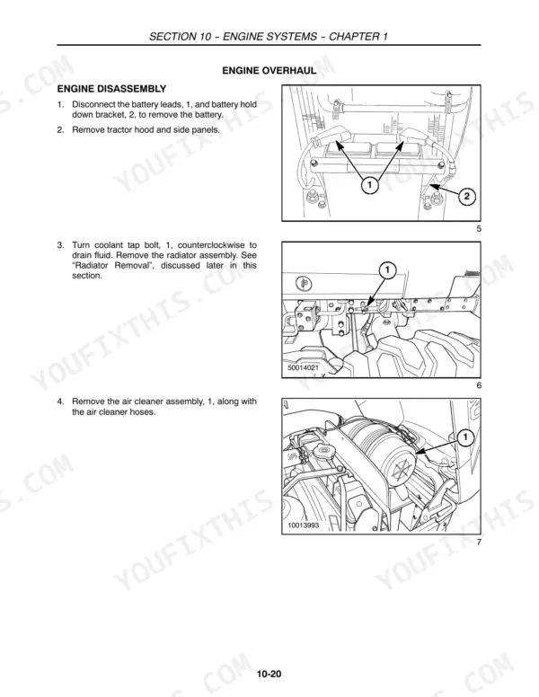 New Holland TC30 engine disassembly procedures showing battery, coolant drain tap, and air cleaner removal diagrams.