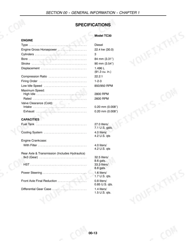 New Holland TC30 engine specifications and fluid capacity table including engine, transmission, and hydraulic volumes.