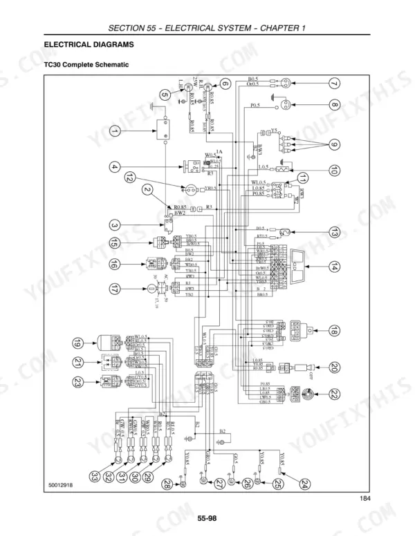 New Holland TC30 complete electrical system schematic diagram showing numbered components and wiring connections.