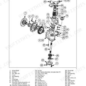 New Holland TC30 exploded view of the FWD front axle assembly, showing drop box casing, final gears, bearings, and shafts.