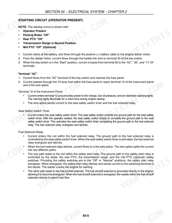 New Holland TC30 electrical system starting circuit operator present procedure and component operation description.