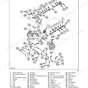 New Holland TC31DA, TC34DA exploded view of SuperSteer front axle components, housing, and steering cylinders.
