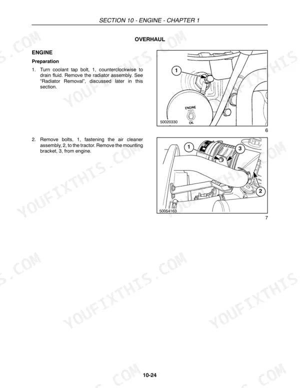 New Holland TC31DA, TC34DA engine overhaul procedures for coolant tap bolt drainage and air cleaner assembly removal.