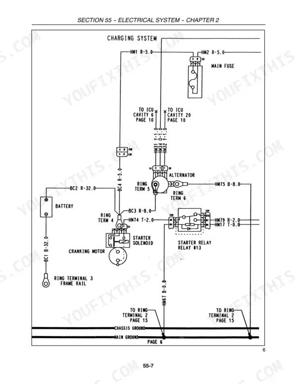 New Holland TC31DA, TC34DA charging system wiring diagram showing battery, alternator, starter solenoid, and relay.