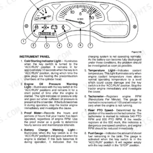 New Holland TC35, TC40, TC45 instrument panel diagram and indicator light descriptions for operation.