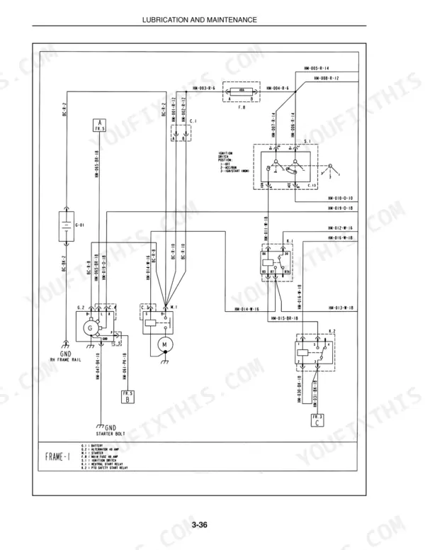 New Holland TC35, TC40, TC45 electrical wiring diagram showing ignition switch, starter relay, and alternator circuit.