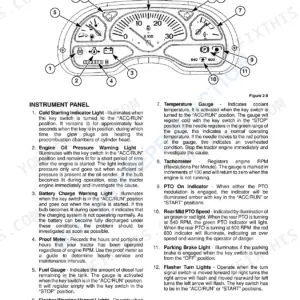 New Holland TC35D, TC40D, TC45D instrument panel diagram and indicator light descriptions for tractor operation.