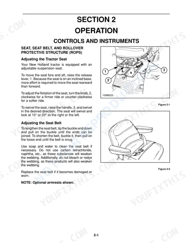 New Holland TC35D, TC40D, TC45D seat adjustment procedures, seat belt instructions, and ROPS control diagrams.
