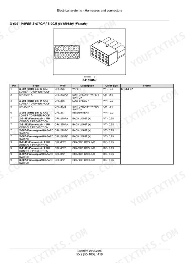 New Holland TC5.80 service manual - Electrical Systems: Circuits, Harnesses and Connectors, X-602 - WIPER SWITCH [ S-002] (84159859) (Female)
