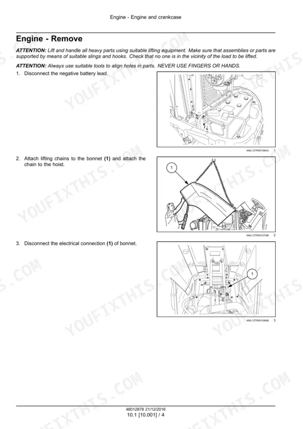 New Holland TD5.100-TD5.90 engine removal procedure: battery disconnection, bonnet lifting, and electrical connection steps.
