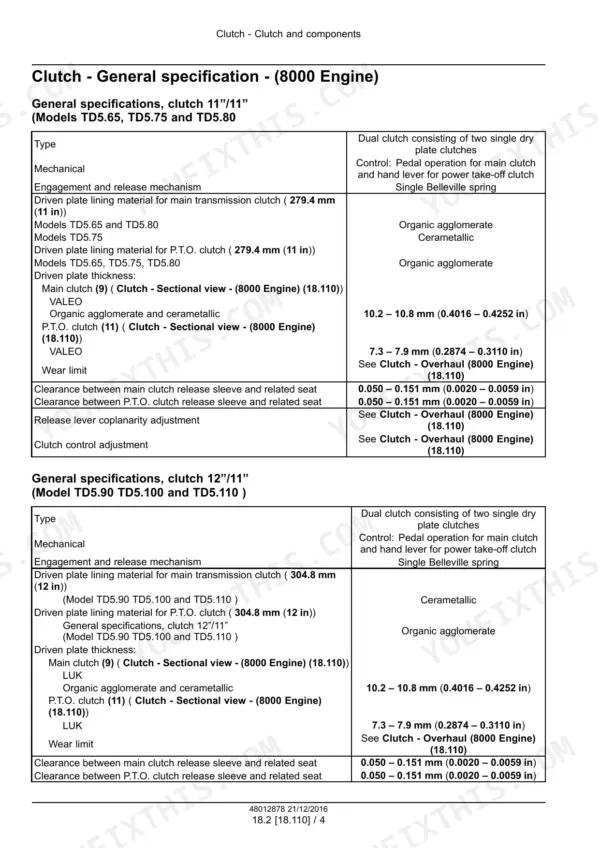 New Holland TD5.100, TD5.110, TD5.65, TD5.75, TD5.80, TD5.90 clutch general specifications and plate thickness table.