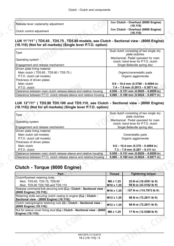 New Holland TD5.100, TD5.110, TD5.65, TD5.75, TD5.80, TD5.90 clutch specifications, plate clearances, and torque settings table.
