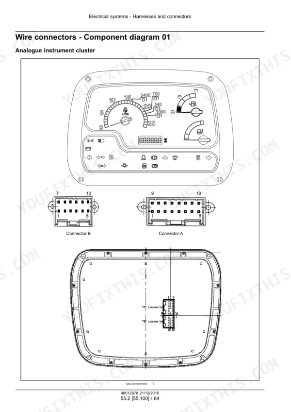 New Holland TD5.100-TD5.90 analogue instrument cluster wire connector diagram showing pinouts for connectors A and B.