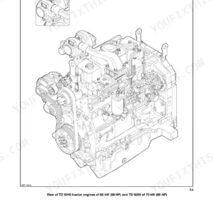 New Holland TD5010, TD5020, TD5030, TD5040, TD5050 engine isometric view showing fuel system and belt components.