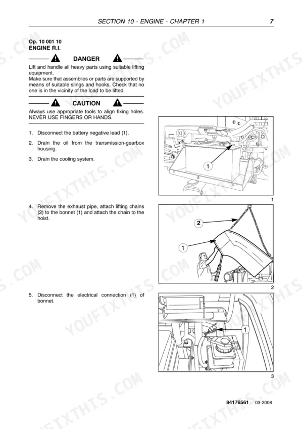 New Holland TD5010, TD5020, TD5030, TD5040, TD5050 engine removal procedure, battery disconnection, and bonnet lifting steps.