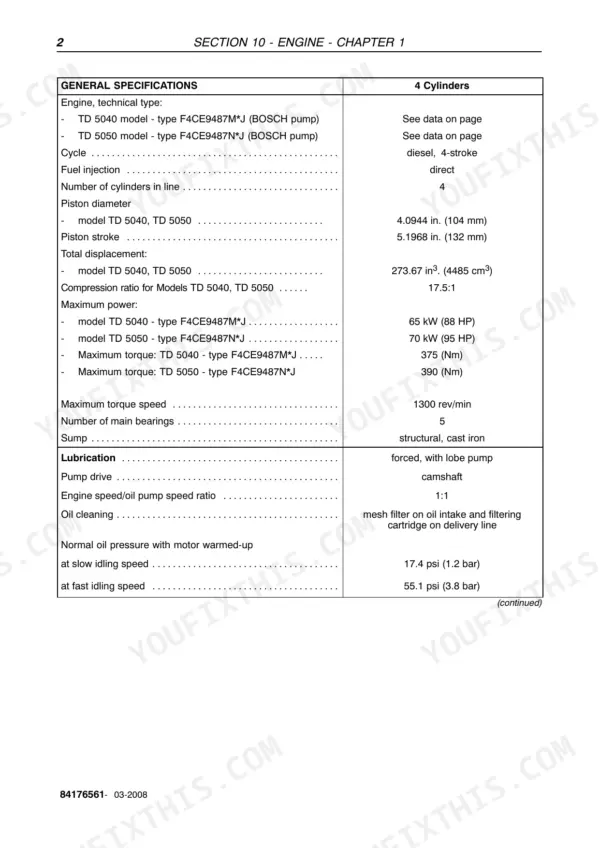 New Holland TD5010, TD5020, TD5030, TD5040, TD5050 engine general specifications and lubrication data table.