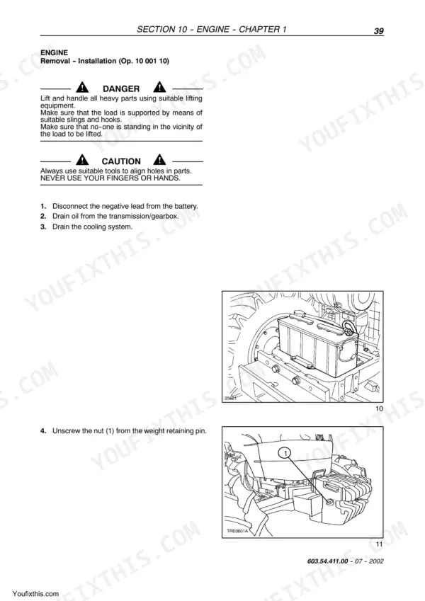 New Holland TD55D, TD65D, TD75D, TD85D, TD95D engine removal procedure, battery and weight pin diagrams.