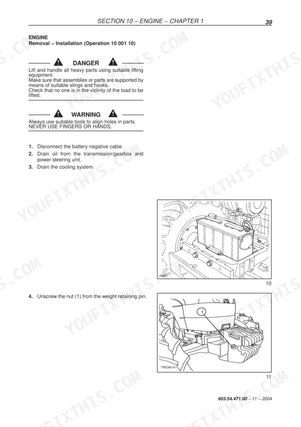 New Holland TD60D, TD70D, TD80D, TD90D, TD95D engine removal procedure, battery and weight retaining pin diagrams.