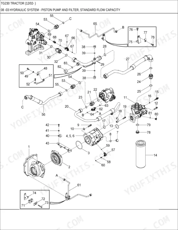 New Holland TG210, TG230, TG255, TG285 exploded view of hydraulic piston pump, filter, and standard flow lines.