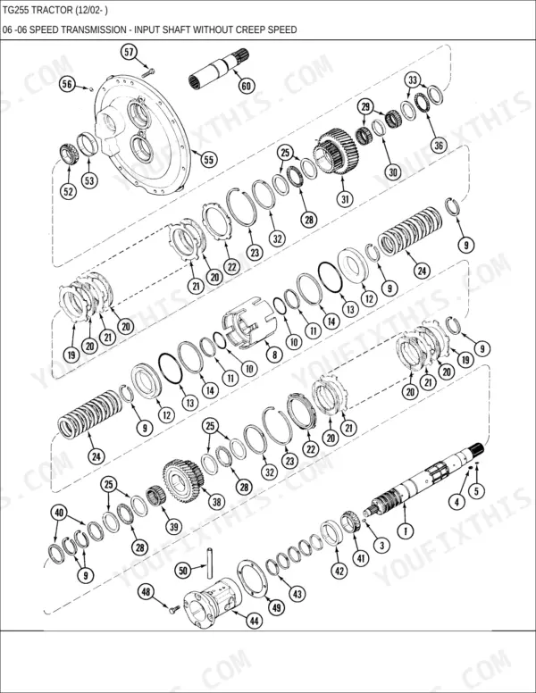 New Holland TG255, TG285, TG210, TG230 exploded view of transmission input shaft components without creep speed.