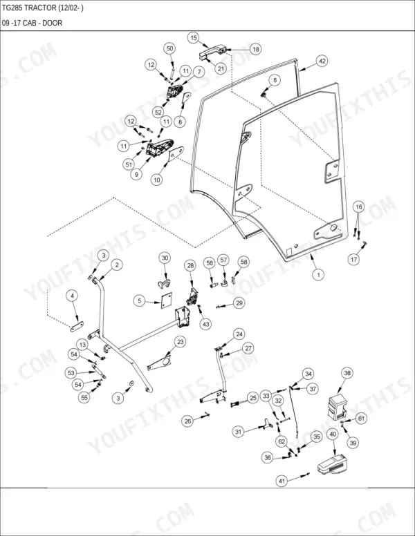 New Holland TG285 exploded view diagram of cab door assembly, including handle, hinges, and internal latch components.