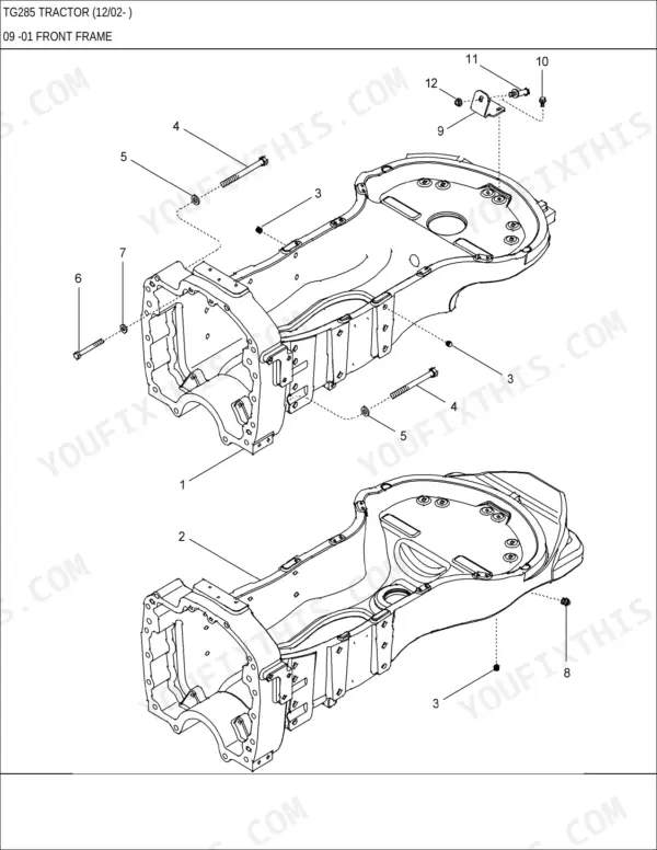 New Holland TG285 exploded view diagram of the front frame assembly showing mounting bolts, washers, and brackets.