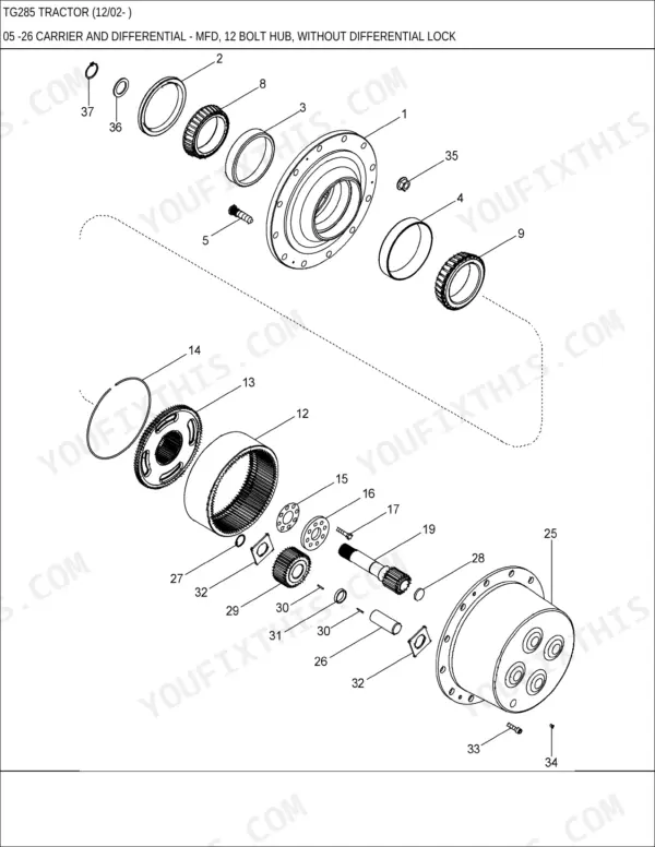 New Holland TG285 exploded view of MFD carrier and differential assembly with 12 bolt hub without differential lock.