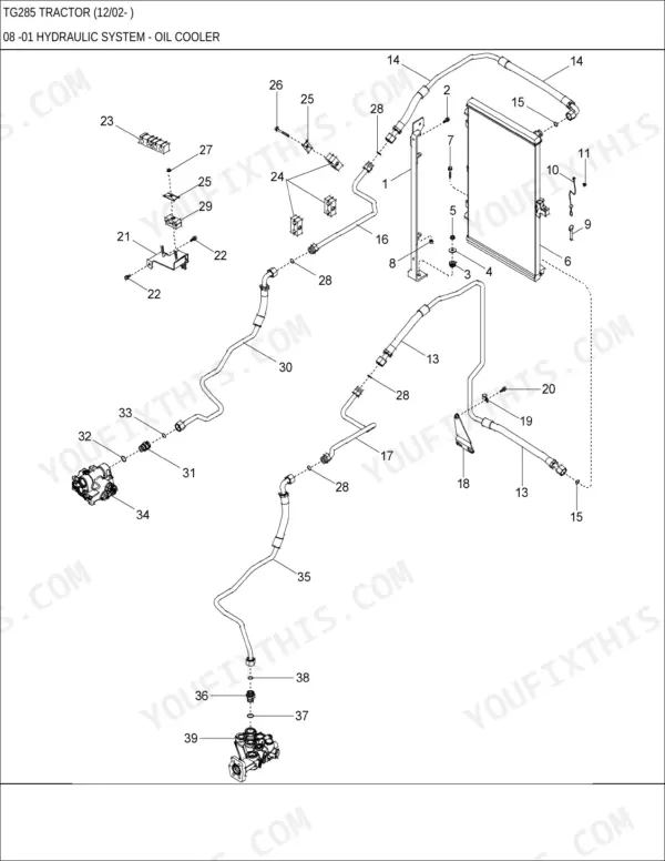 New Holland TG285 hydraulic system oil cooler exploded view showing lines, fittings, and mounting components.