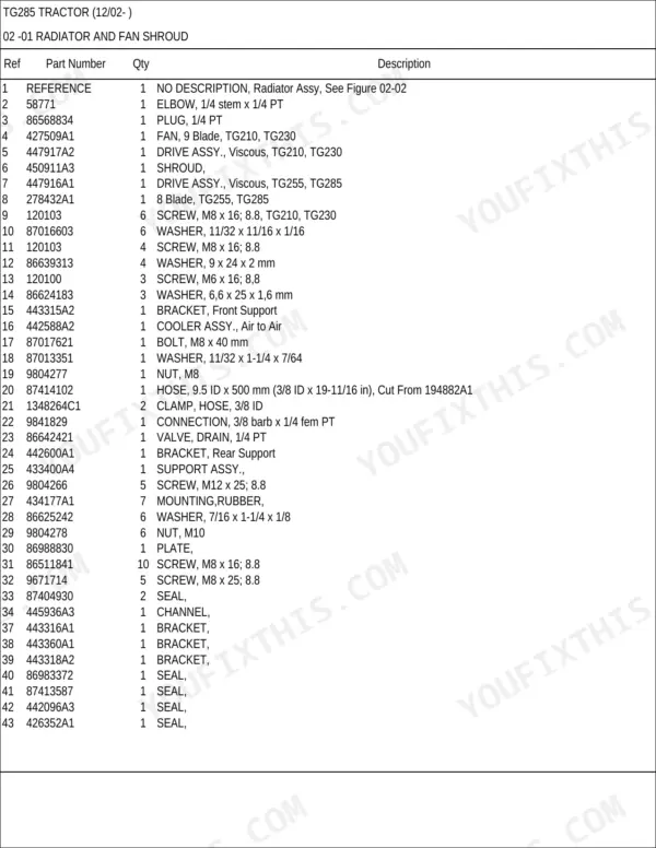 New Holland TG285 parts list for radiator and fan shroud assembly, including fan blades, viscous drives, and hardware.