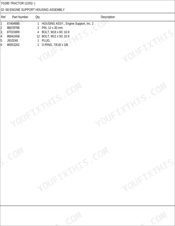 New Holland TG285 parts list for engine support housing assembly including bolts, pins, and O-ring specifications.