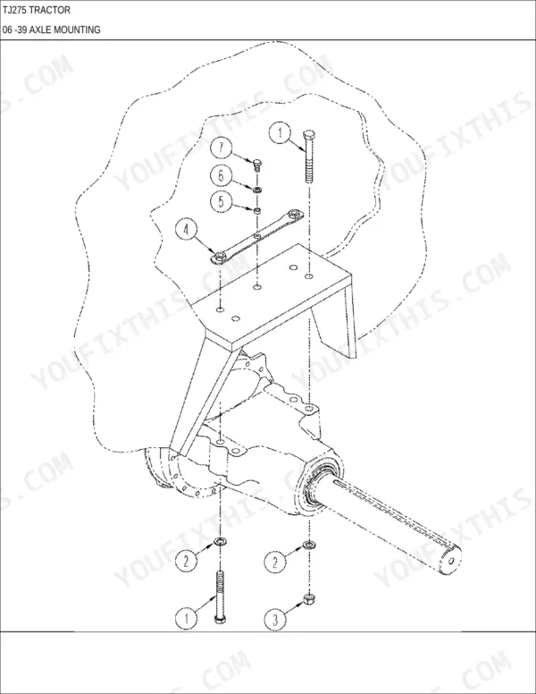 New Holland TJ275 exploded view diagram of axle mounting components including bolts, nuts, and mounting bracket hardware.