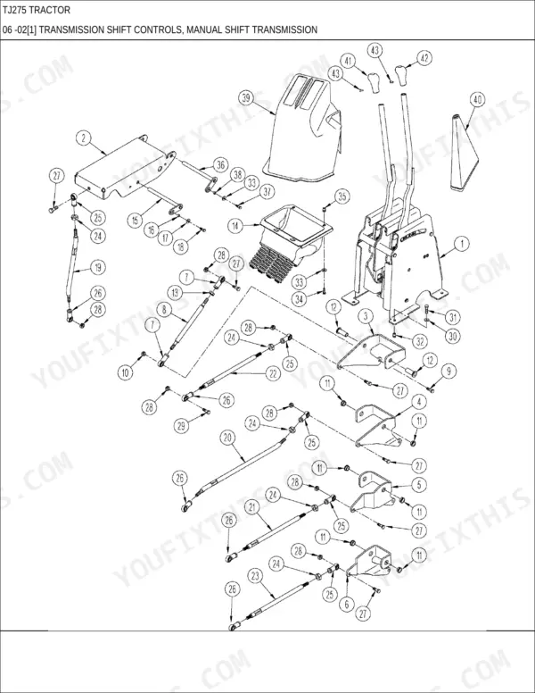 New Holland TJ275 exploded view of manual transmission shift controls, levers, linkage rods, and mounting brackets.