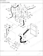 new-holland-tj275-tractor-parts-catalog-engine-parts-28.webp New Holland TJ275 exploded view diagram of radiator plumbing, coolant hoses, reservoir tank, and mounting hardware.
