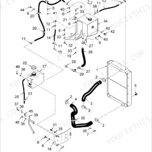 New Holland TJ275 exploded view diagram of radiator plumbing, coolant hoses, reservoir tank, and mounting hardware.