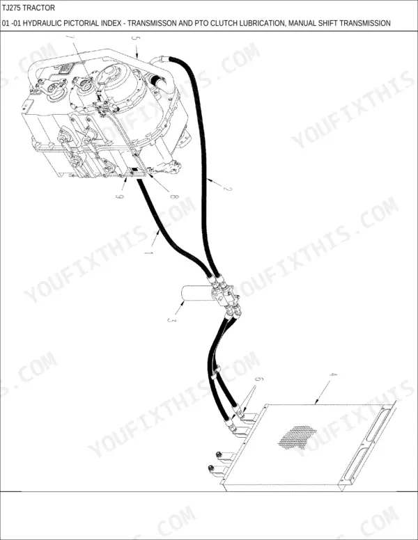 New Holland TJ275 hydraulic diagram for transmission and PTO clutch lubrication, showing hoses, filter, and cooler.