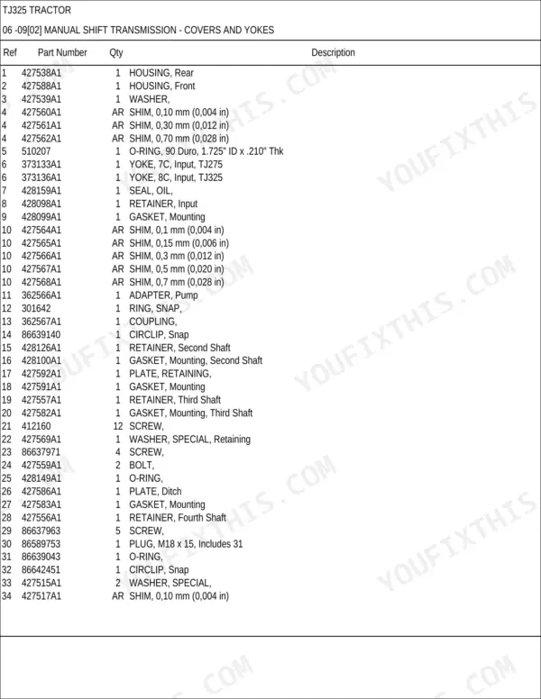 New Holland TJ325 manual shift transmission parts list for covers and yokes, including shims, housings, and retainers.