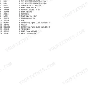 New Holland TJ325 parts list for water pump system, including pump, pulley, tensioner, and belt components.
